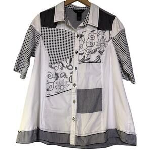 Ali Miles Women's Black White Mixed Print Stretch Button Front Blouse L Large